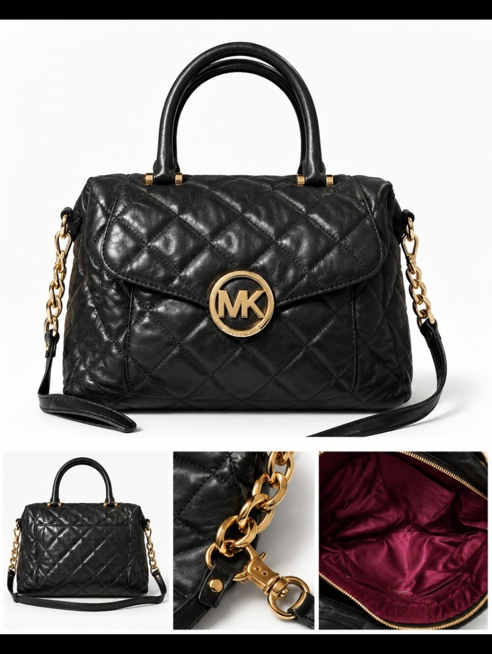 Michael Kors Black Quilted Satchel Handbag with Gold Logo Chain Strap